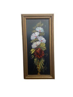Vintage Floral Acrylic Painting On Black Background Gold Frame 6x13 Unsigned